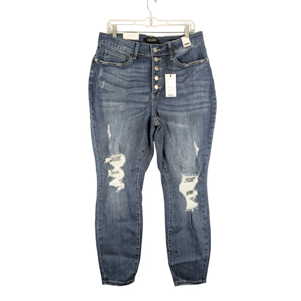 Judy‎ Blue Jeans Womens 18W High Waist Skinny Fit Distressed Dark Blue Denim NWT